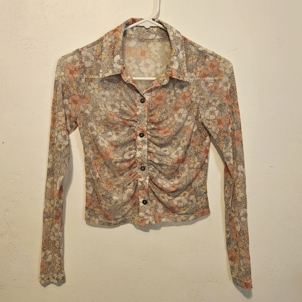 Sheer Floral Button-Up Women's Top (Small To Medium)
